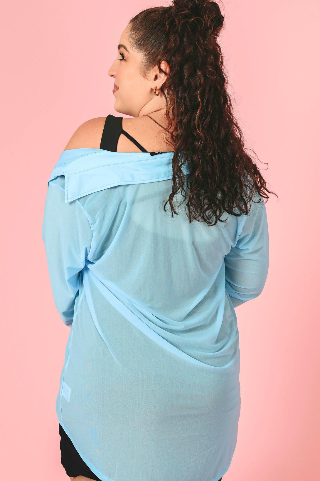 Aqua Blue Net - Long Sleeve Button Up Boyfriend Tee-Activewear-Exoticathletica