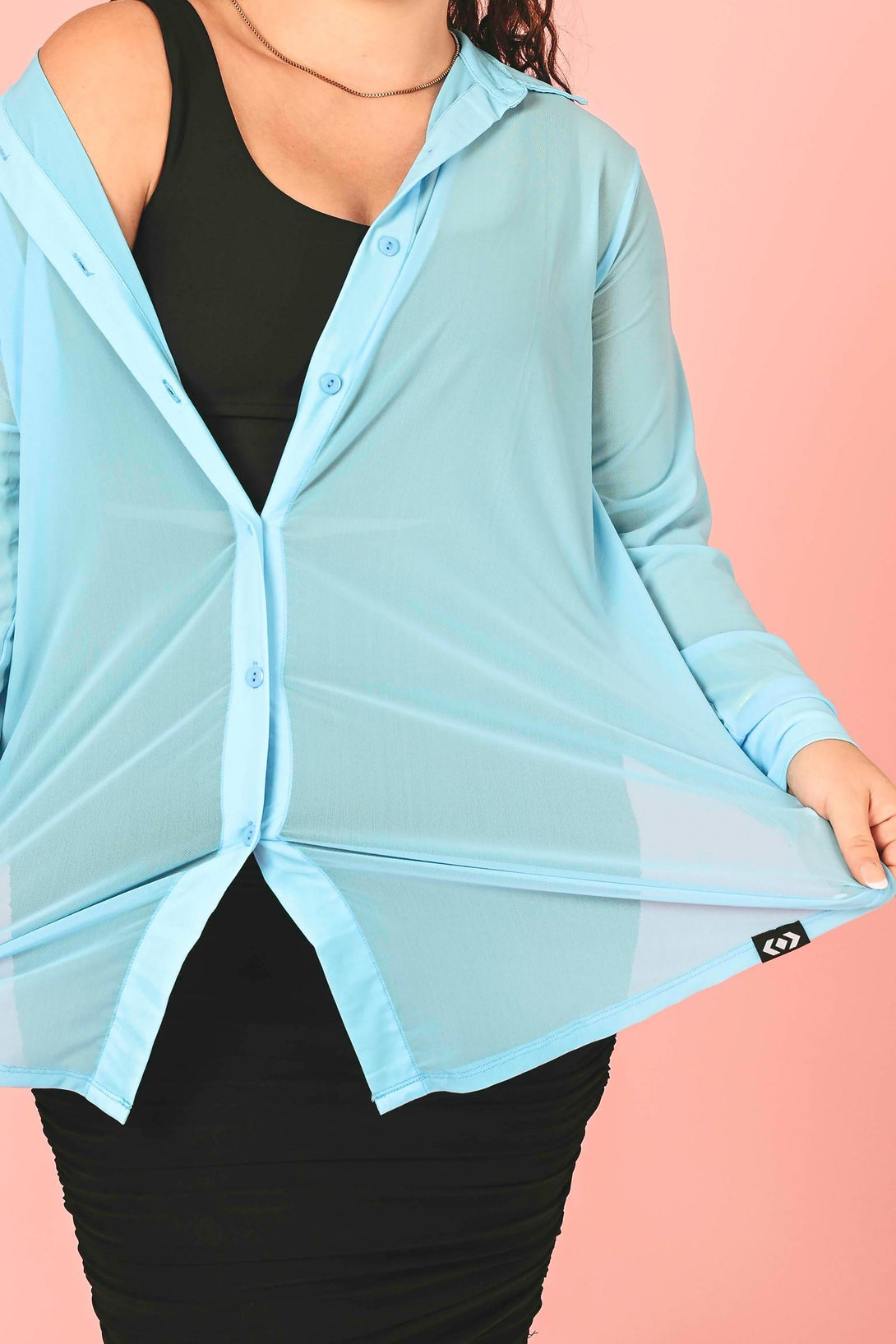 Aqua Blue Net - Long Sleeve Button Up Boyfriend Tee-Activewear-Exoticathletica