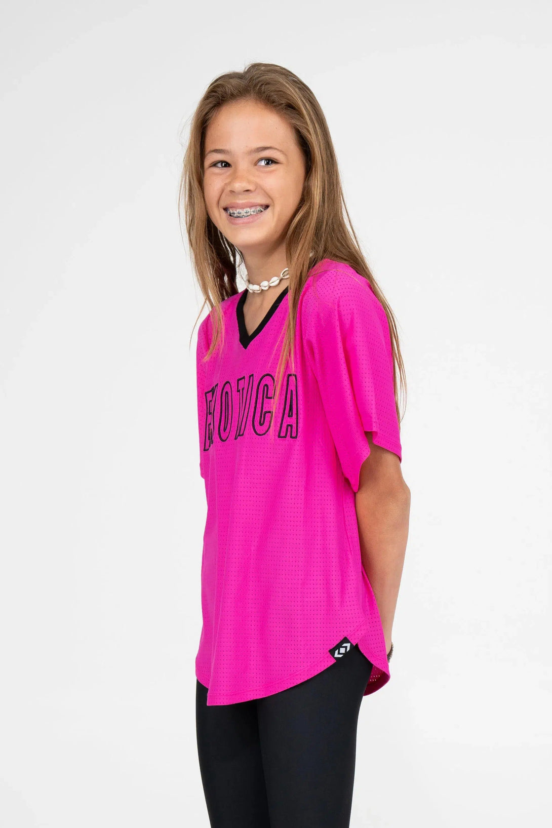 Bball Mesh Kids V Neck Exotica Black Embroidered Boyfriend Tee - Pink-Activewear-Exoticathletica