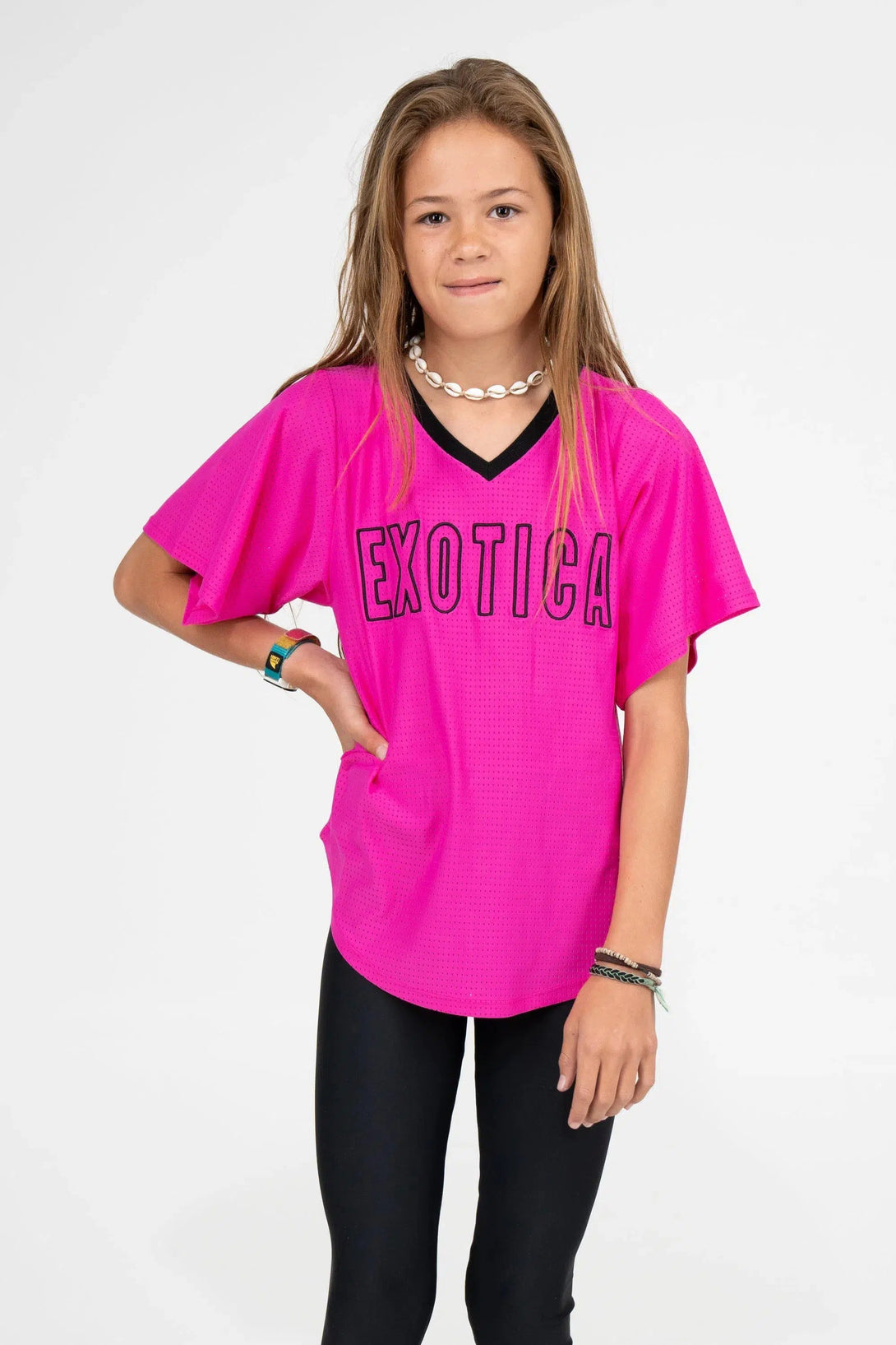 Bball Mesh Kids V Neck Exotica Black Embroidered Boyfriend Tee - Pink-Activewear-Exoticathletica