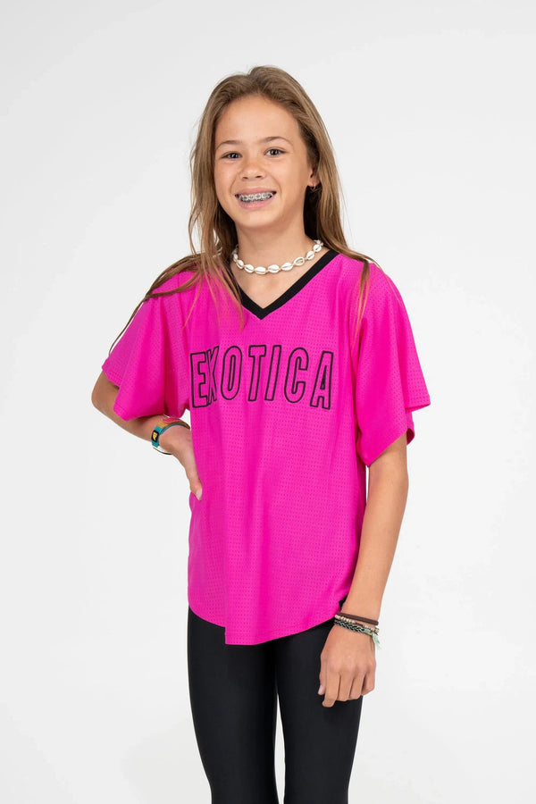 Bball Mesh Kids V Neck Exotica Black Embroidered Boyfriend Tee - Pink-Activewear-Exoticathletica