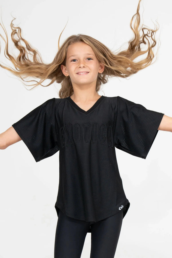 Bball Mesh Kids V Neck Exotica Embroidered Boyfriend Tee - Black-Activewear-Exoticathletica