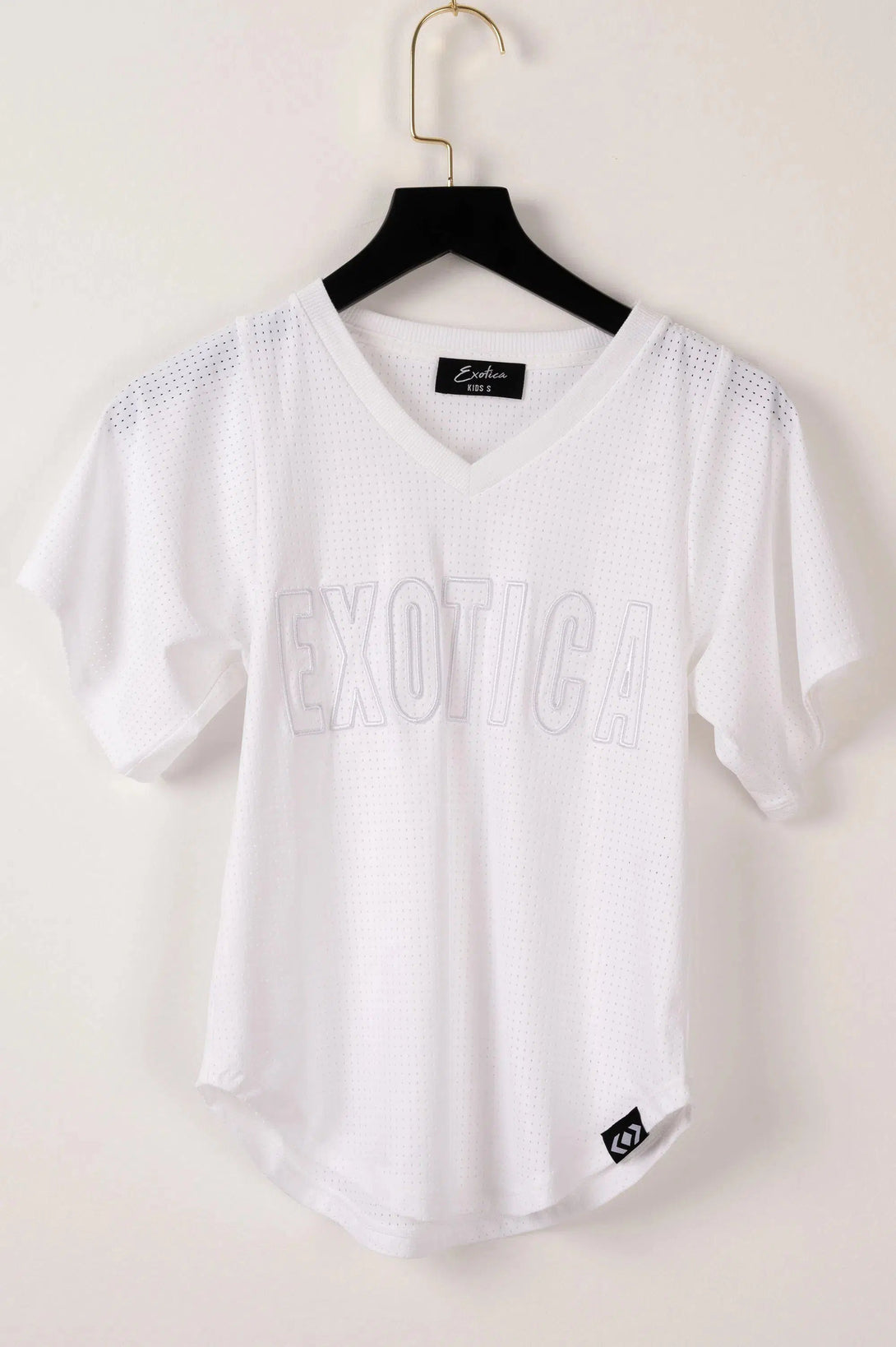 Bball Mesh Kids V Neck Exotica Embroidered Boyfriend Tee - White-Activewear-Exoticathletica