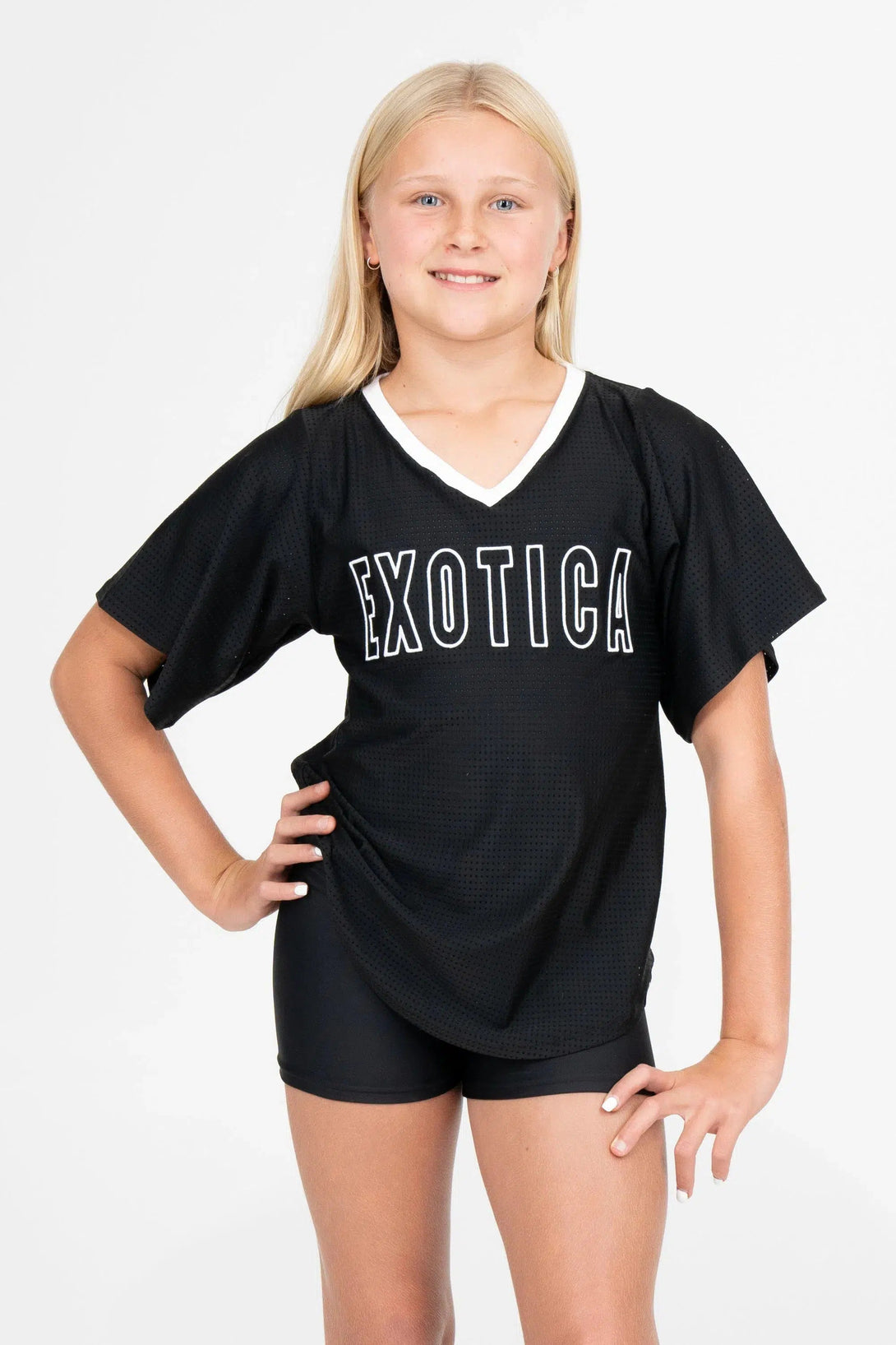 Bball Mesh Kids V Neck Exotica White Embroidered Boyfriend Tee - Black-Activewear-Exoticathletica