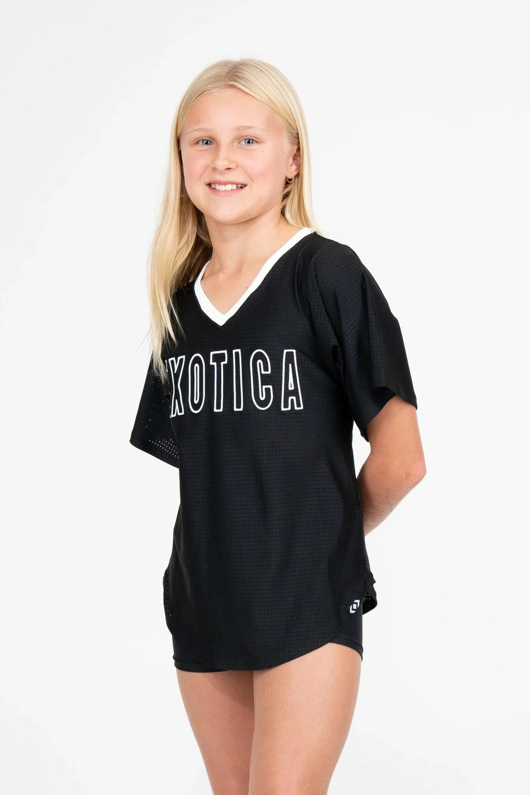 Bball Mesh Kids V Neck Exotica White Embroidered Boyfriend Tee - Black-Activewear-Exoticathletica