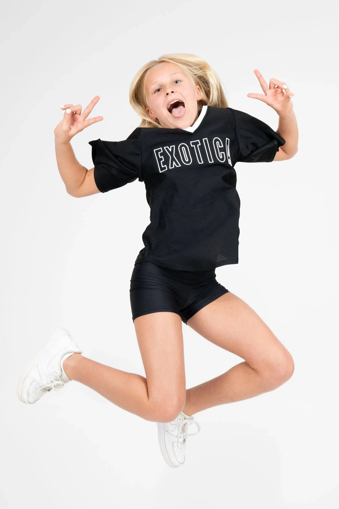 Bball Mesh Kids V Neck Exotica White Embroidered Boyfriend Tee - Black-Activewear-Exoticathletica