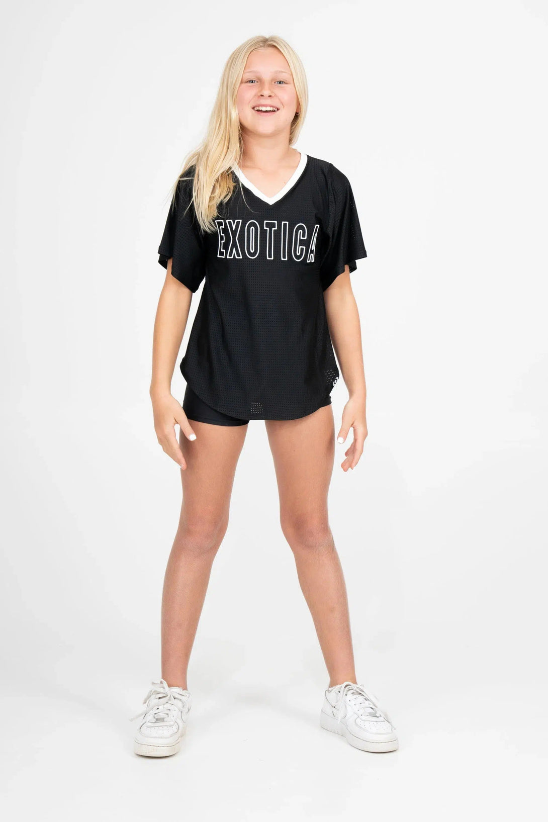 Bball Mesh Kids V Neck Exotica White Embroidered Boyfriend Tee - Black-Activewear-Exoticathletica