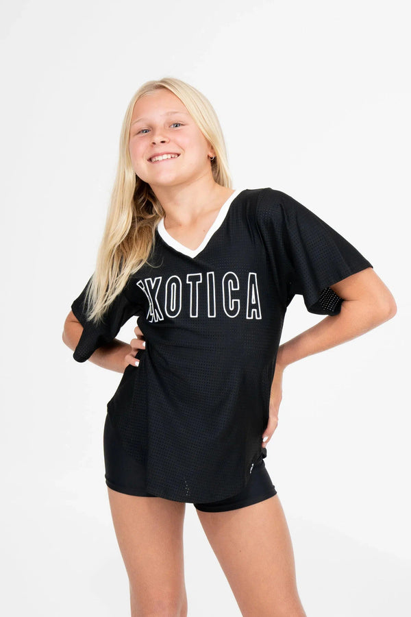 Bball Mesh Kids V Neck Exotica White Embroidered Boyfriend Tee - Black-Activewear-Exoticathletica