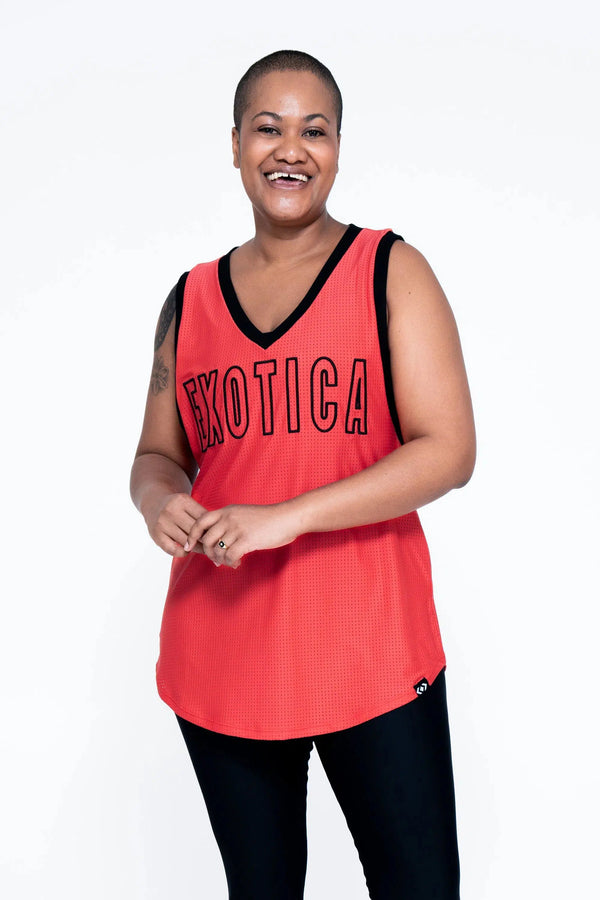 Bball Mesh Sleeveless V Neck Exotica Black Embroidered Boyfriend Tee - Orange-Activewear-Exoticathletica