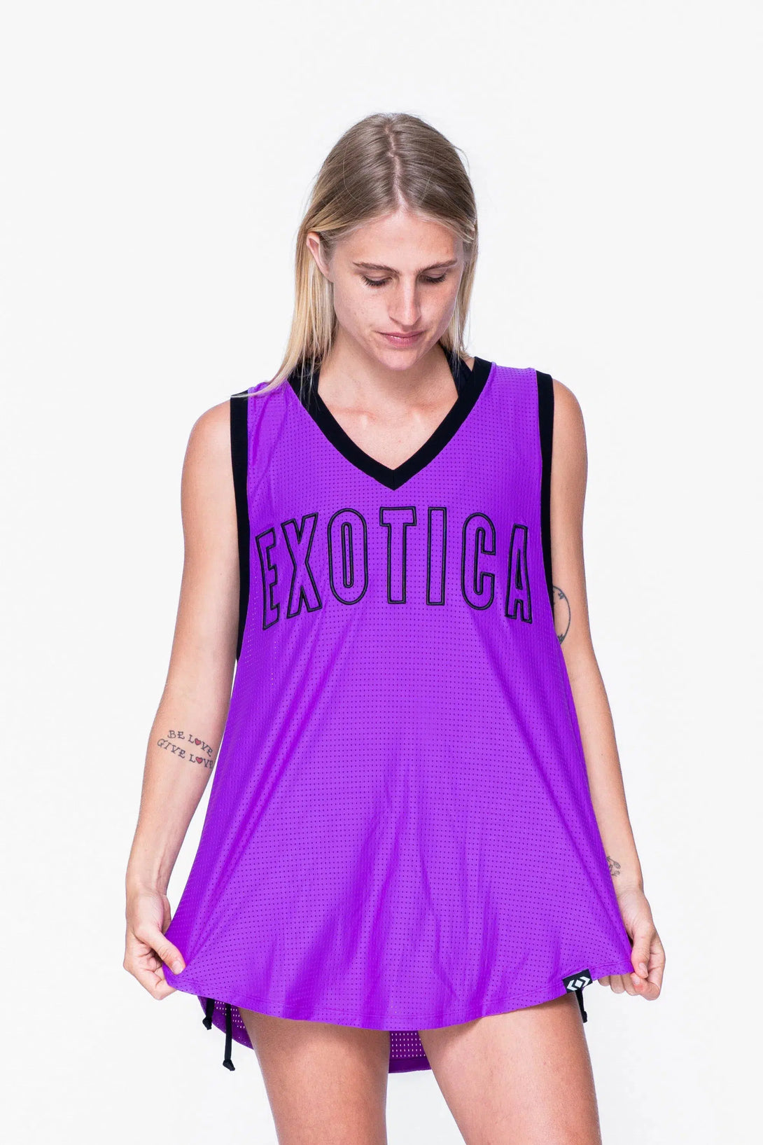 Bball Mesh Sleeveless V Neck Exotica Black Embroidered Boyfriend Tee - Purple-Activewear-Exoticathletica