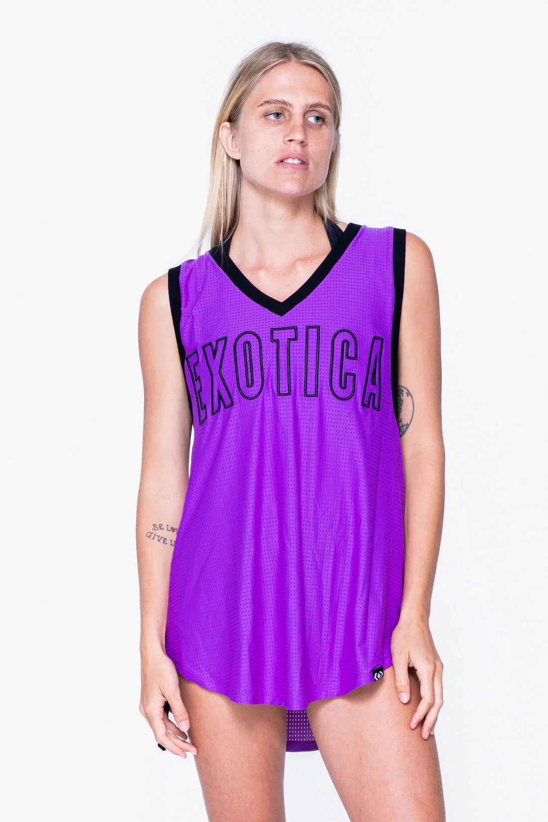 Bball Mesh Sleeveless V Neck Exotica Black Embroidered Boyfriend Tee - Purple-Activewear-Exoticathletica