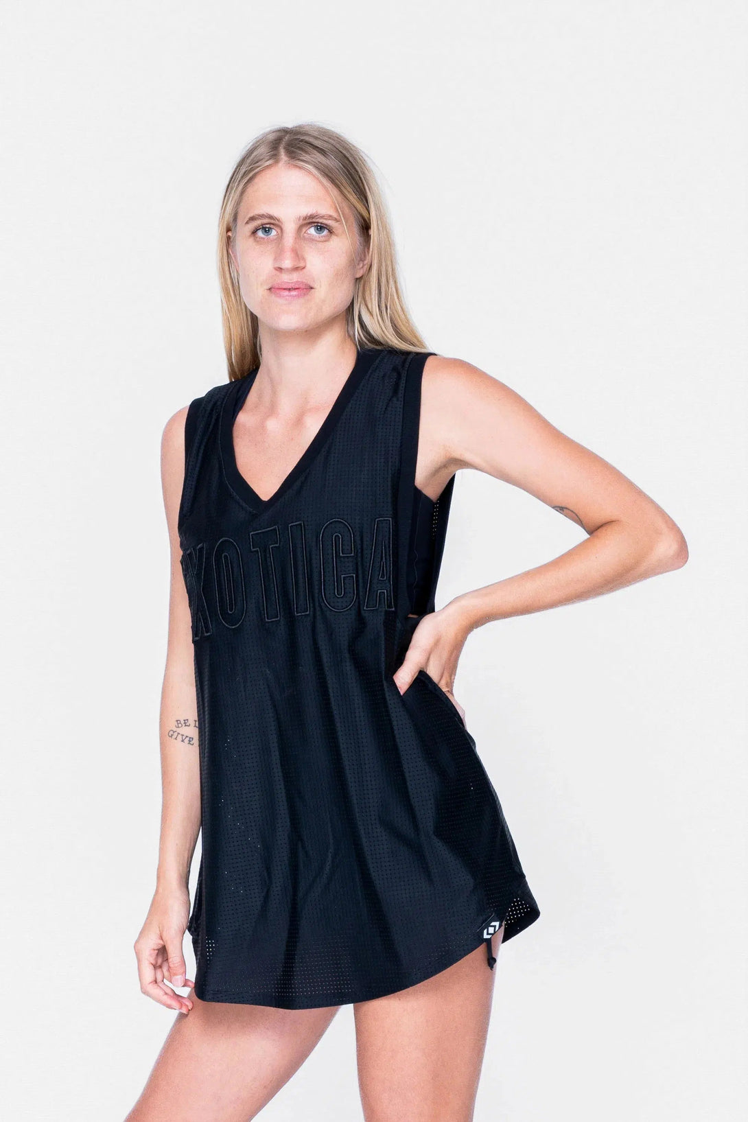 Bball Mesh Sleeveless V Neck Exotica Embroidered Boyfriend Tee - Black-Activewear-Exoticathletica