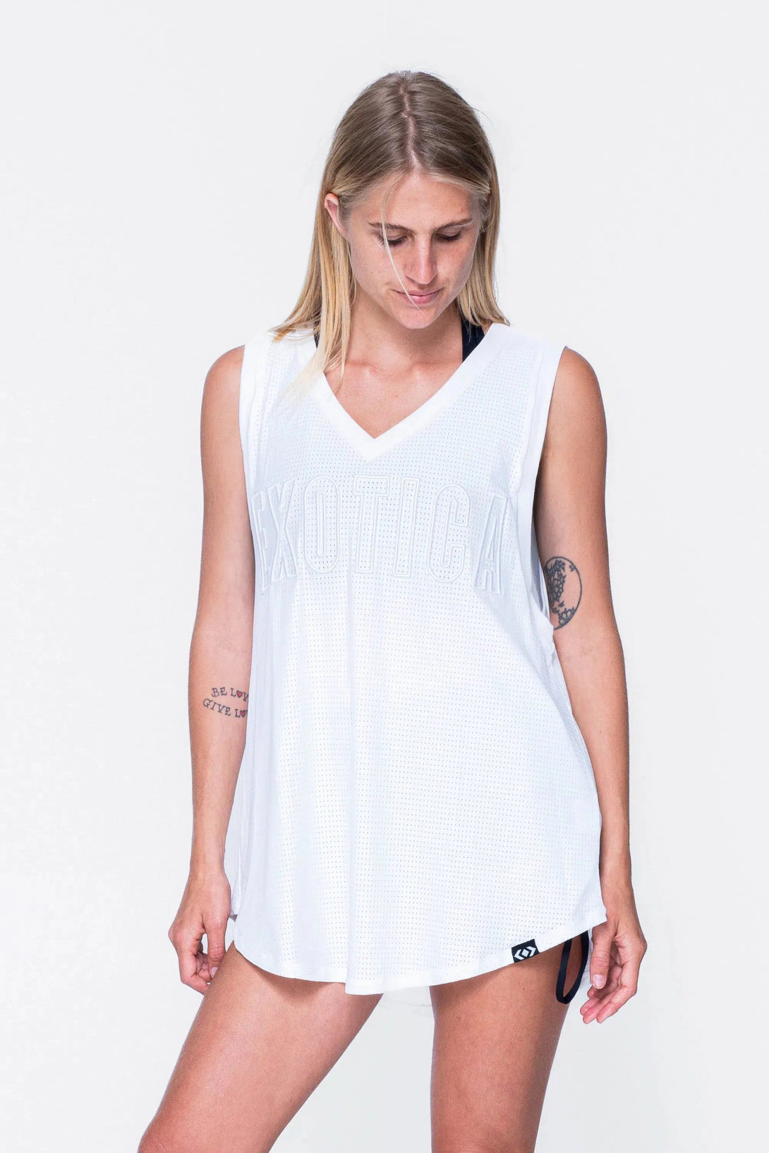 Bball Mesh Sleeveless V Neck Exotica Embroidered Boyfriend Tee - White-Activewear-Exoticathletica