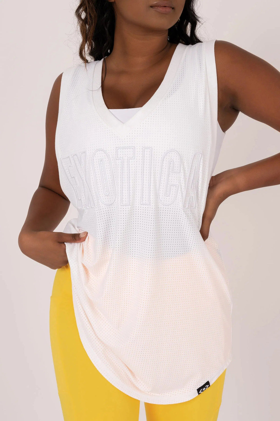 Bball Mesh Sleeveless V Neck Exotica Embroidered Boyfriend Tee - White-Activewear-Exoticathletica