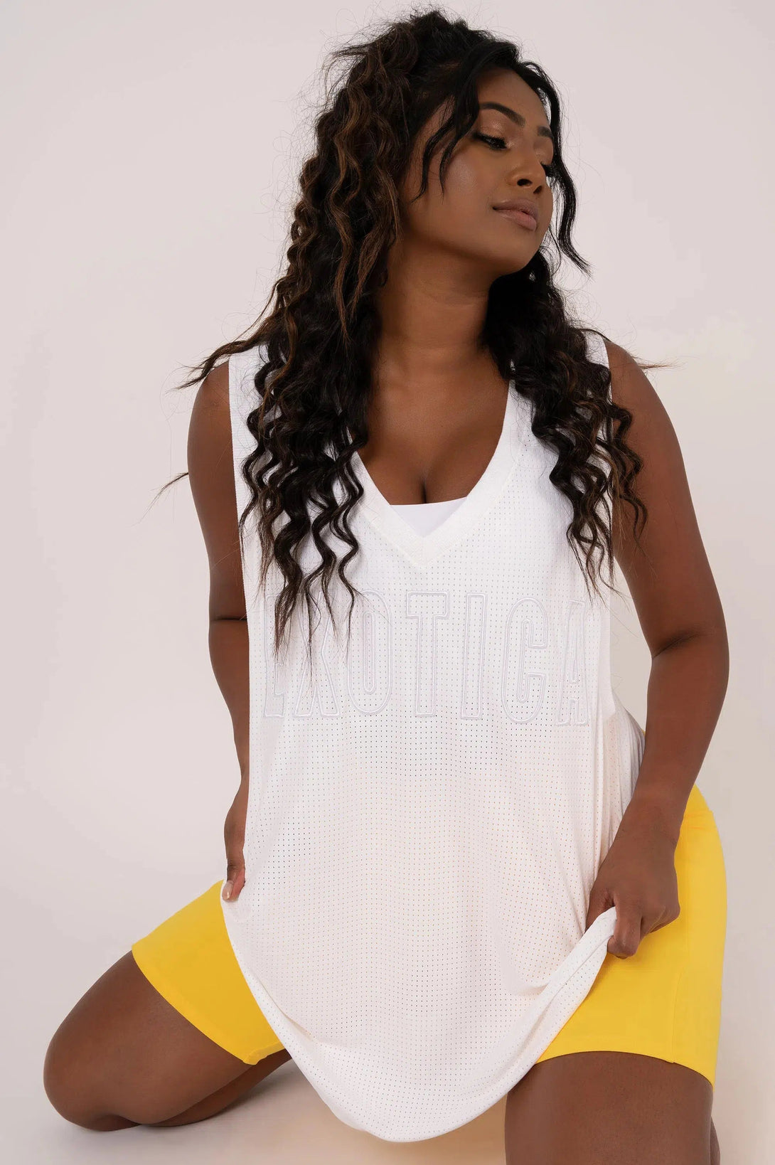 Bball Mesh Sleeveless V Neck Exotica Embroidered Boyfriend Tee - White-Activewear-Exoticathletica