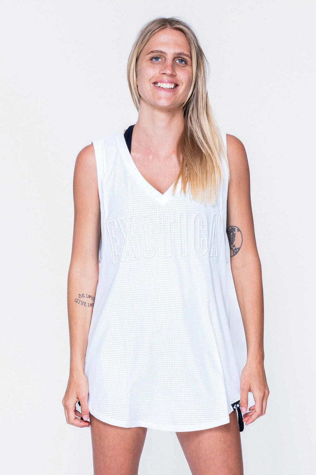 Bball Mesh Sleeveless V Neck Exotica Embroidered Boyfriend Tee - White-Activewear-Exoticathletica