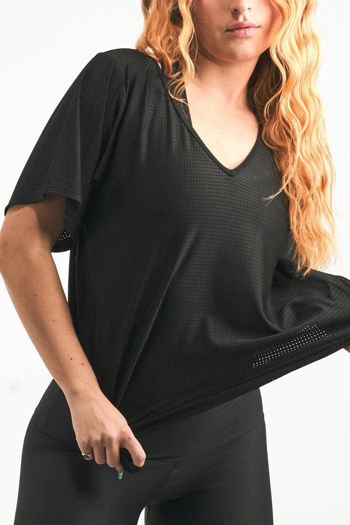 Bball Mesh V Neck Boyfriend Tee - Black-Activewear-Exoticathletica