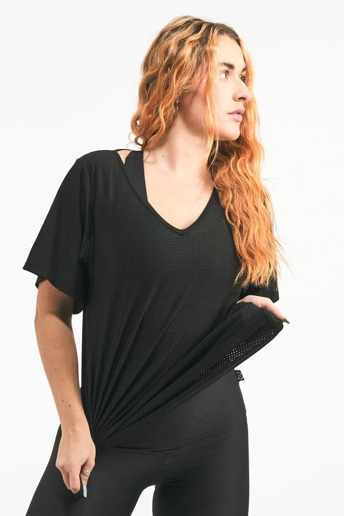 Bball Mesh V Neck Boyfriend Tee - Black-Activewear-Exoticathletica