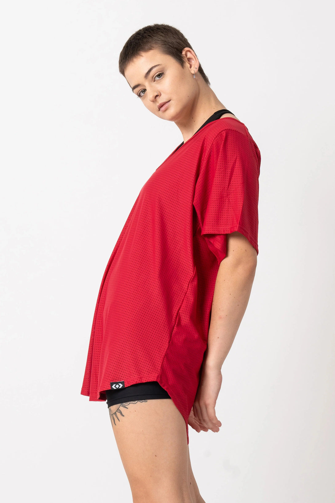 Bball Mesh V Neck Boyfriend Tee - Red-Activewear-Exoticathletica