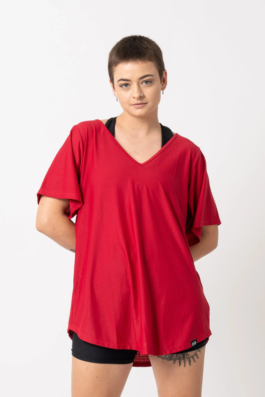 Bball Mesh V Neck Boyfriend Tee - Red-Activewear-Exoticathletica