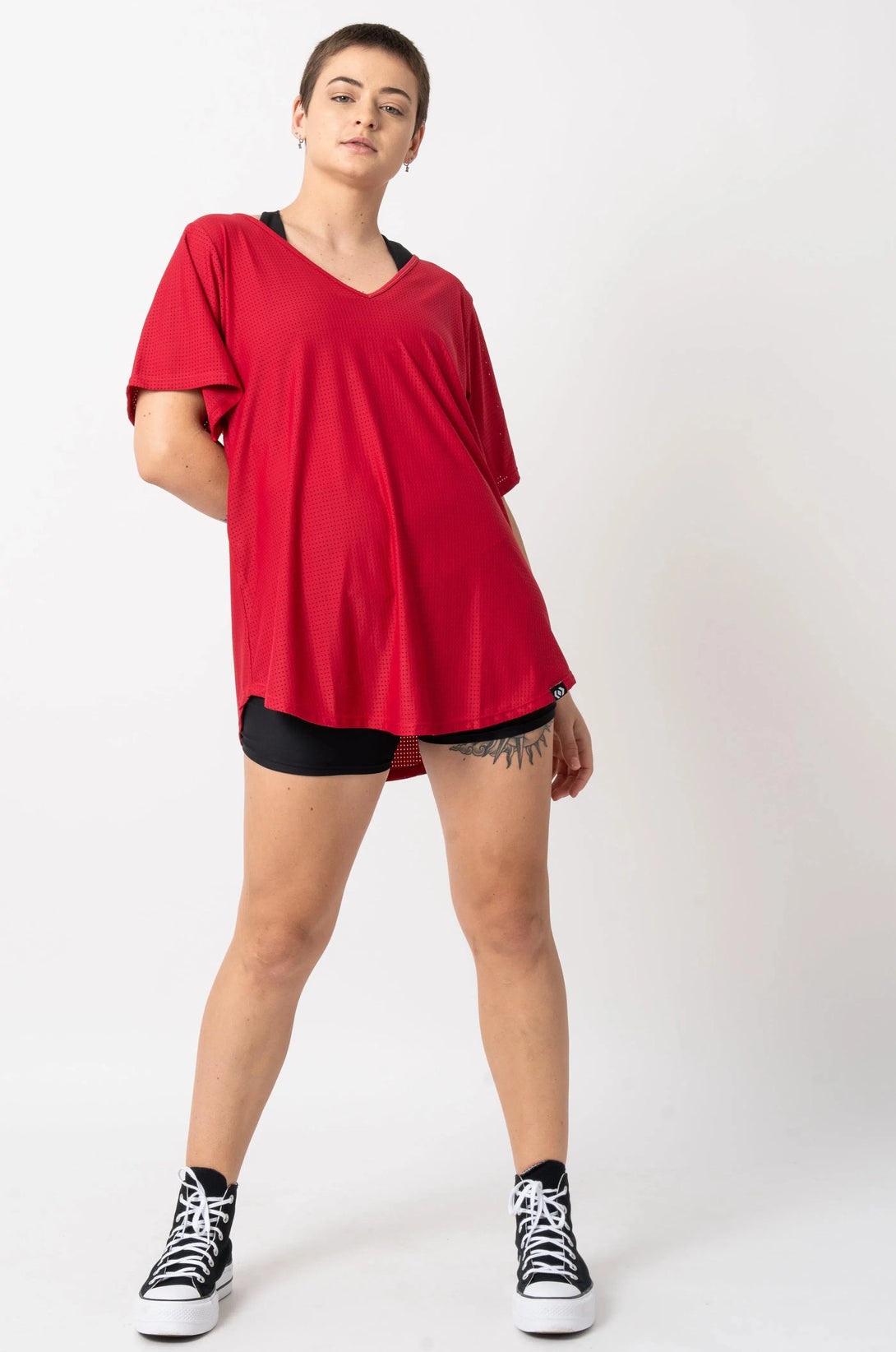 Bball Mesh V Neck Boyfriend Tee - Red-Activewear-Exoticathletica