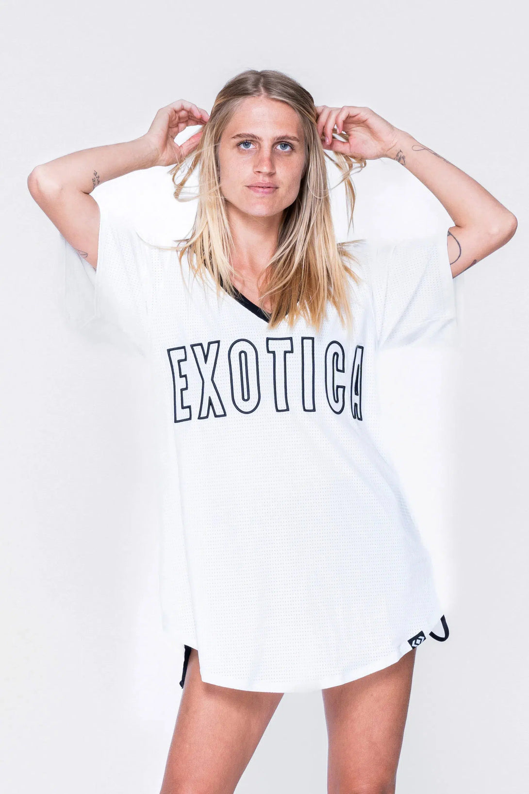 Bball Mesh V Neck Exotica Black Embroidered Boyfriend Tee - White-Activewear-Exoticathletica