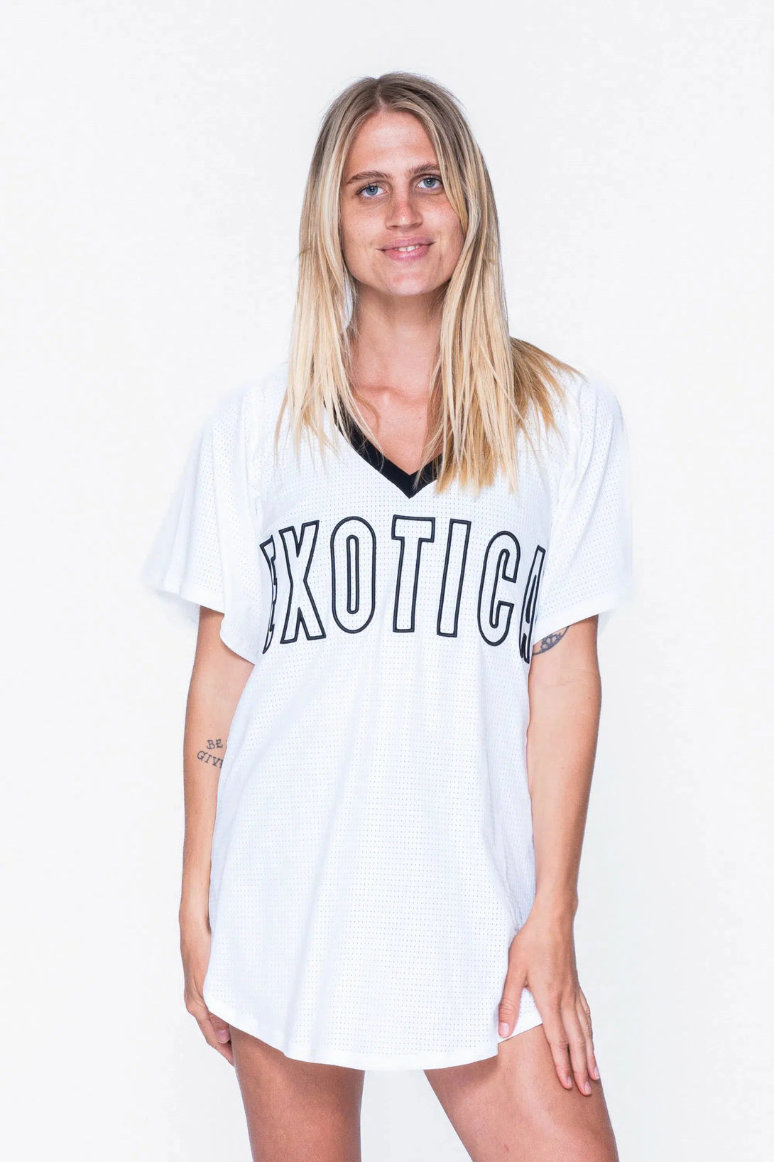 Bball Mesh V Neck Exotica Black Embroidered Boyfriend Tee - White-Activewear-Exoticathletica