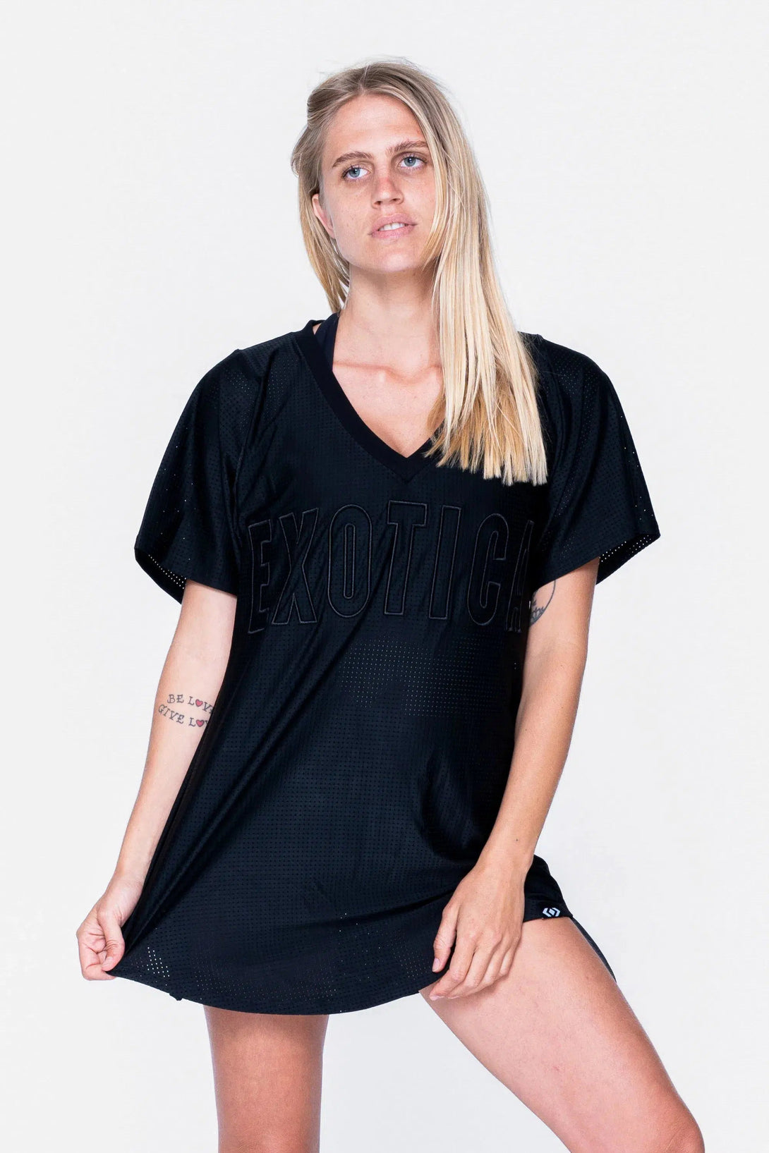 Bball Mesh V Neck Exotica Embroidered Boyfriend Tee - Black-Activewear-Exoticathletica