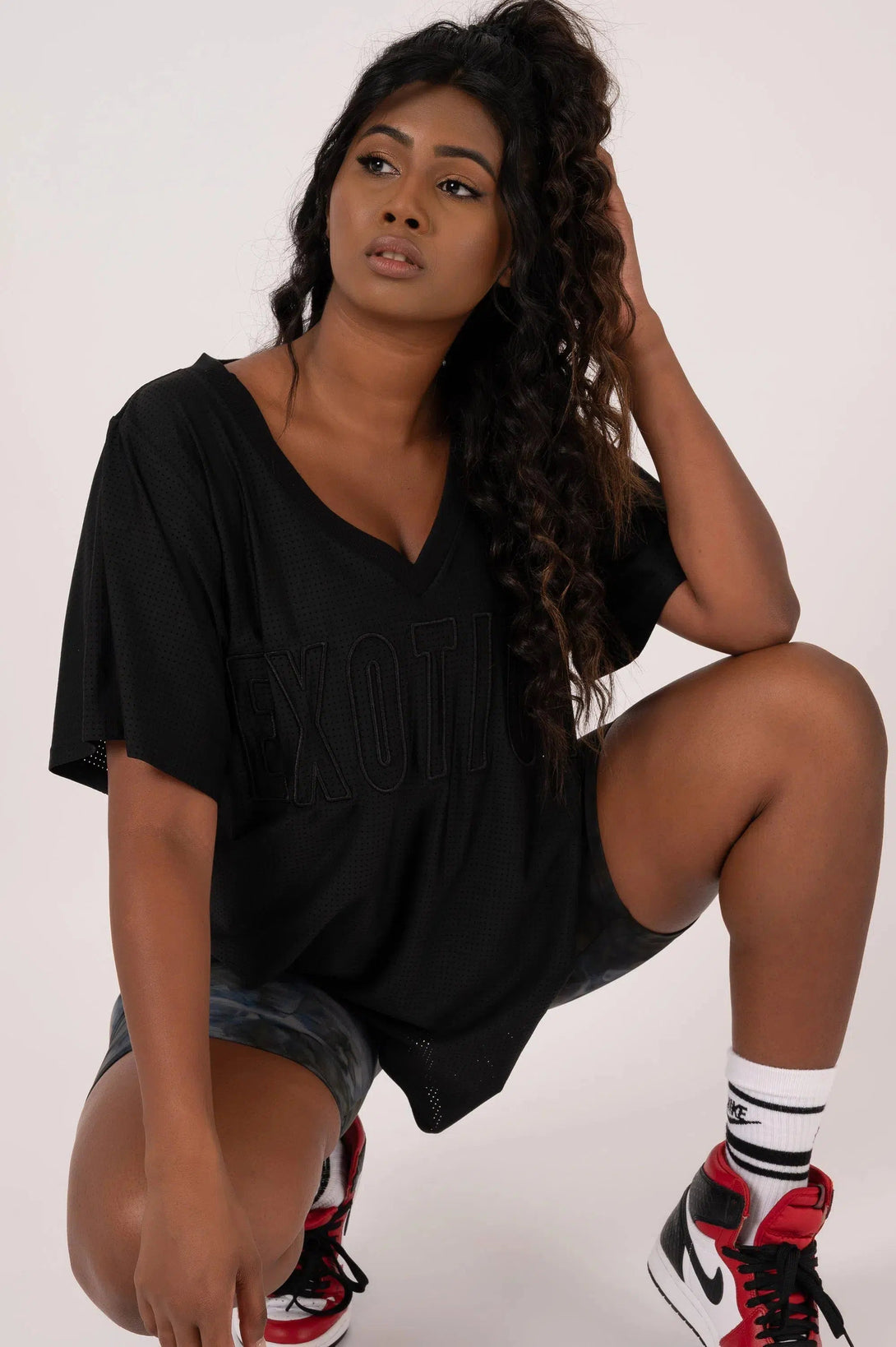 Bball Mesh V Neck Exotica Embroidered Boyfriend Tee - Black-Activewear-Exoticathletica