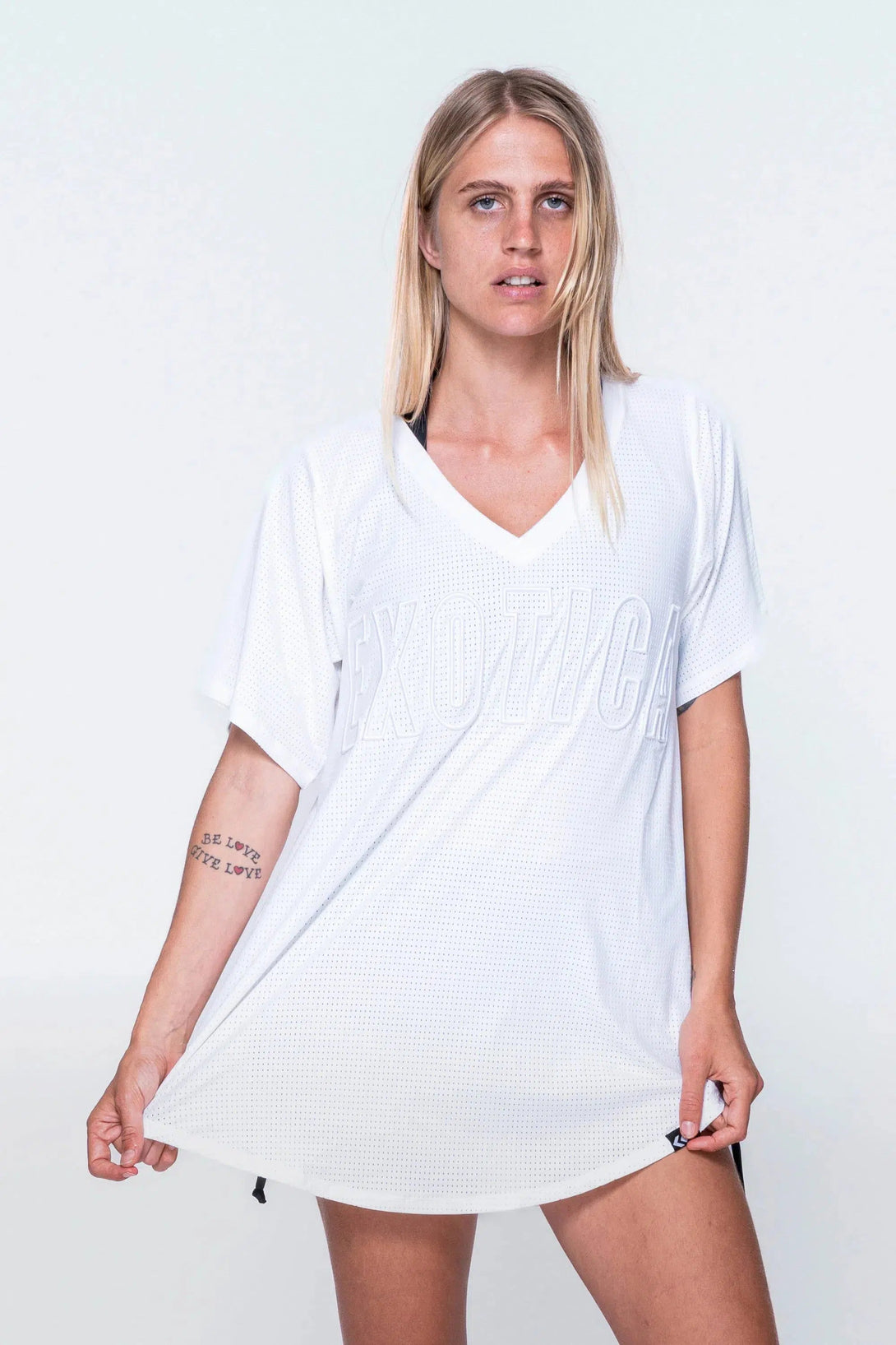 Bball Mesh V Neck Exotica Embroidered Boyfriend Tee - White-Activewear-Exoticathletica