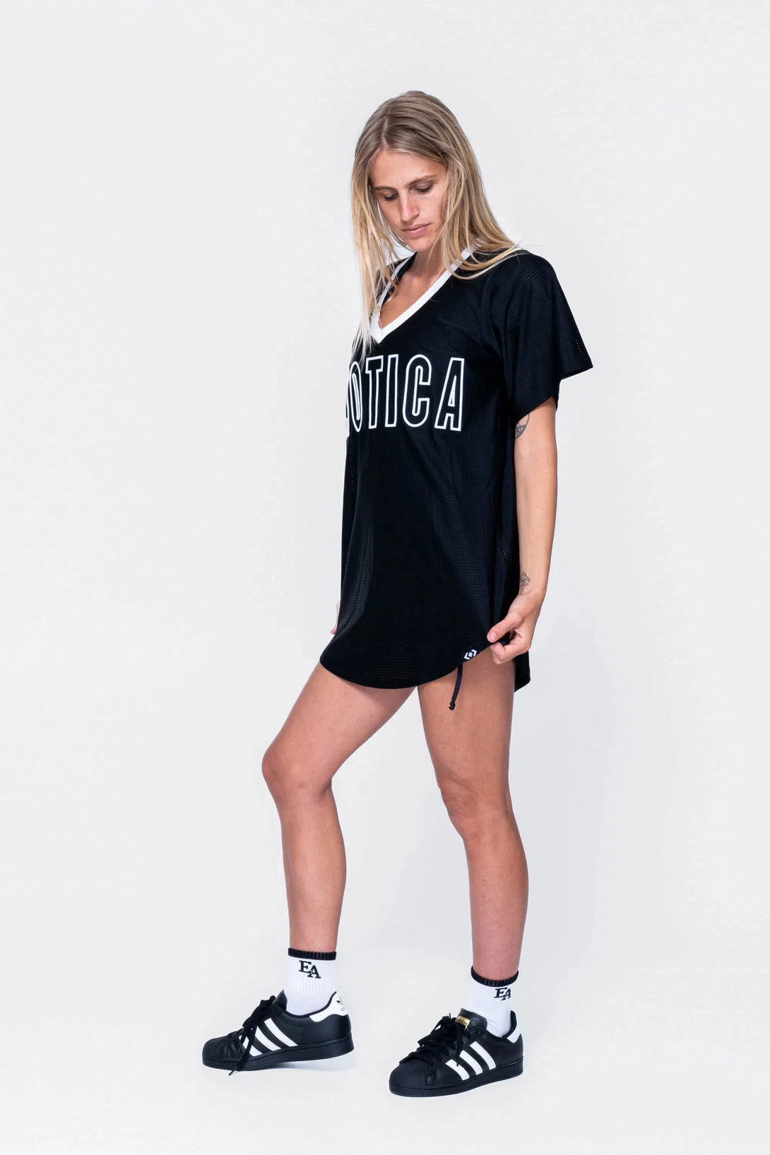 Bball Mesh V Neck Exotica White Embroidered Boyfriend Tee - Black-Activewear-Exoticathletica