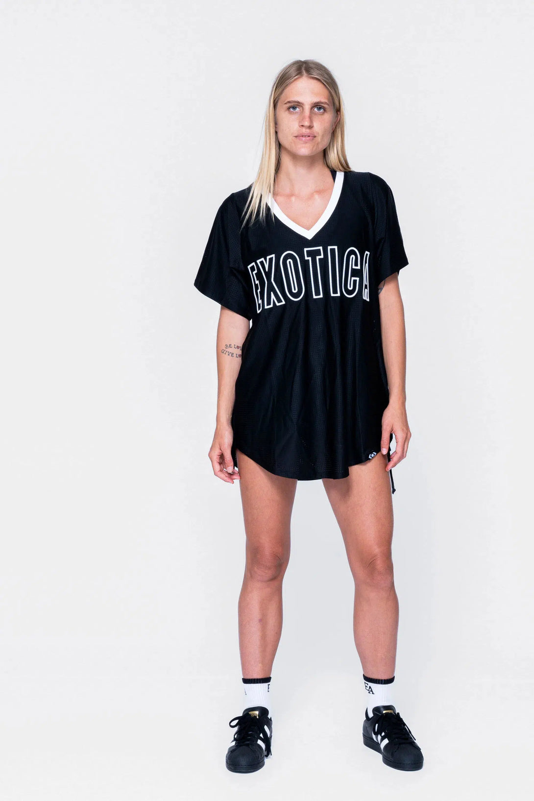 Bball Mesh V Neck Exotica White Embroidered Boyfriend Tee - Black-Activewear-Exoticathletica