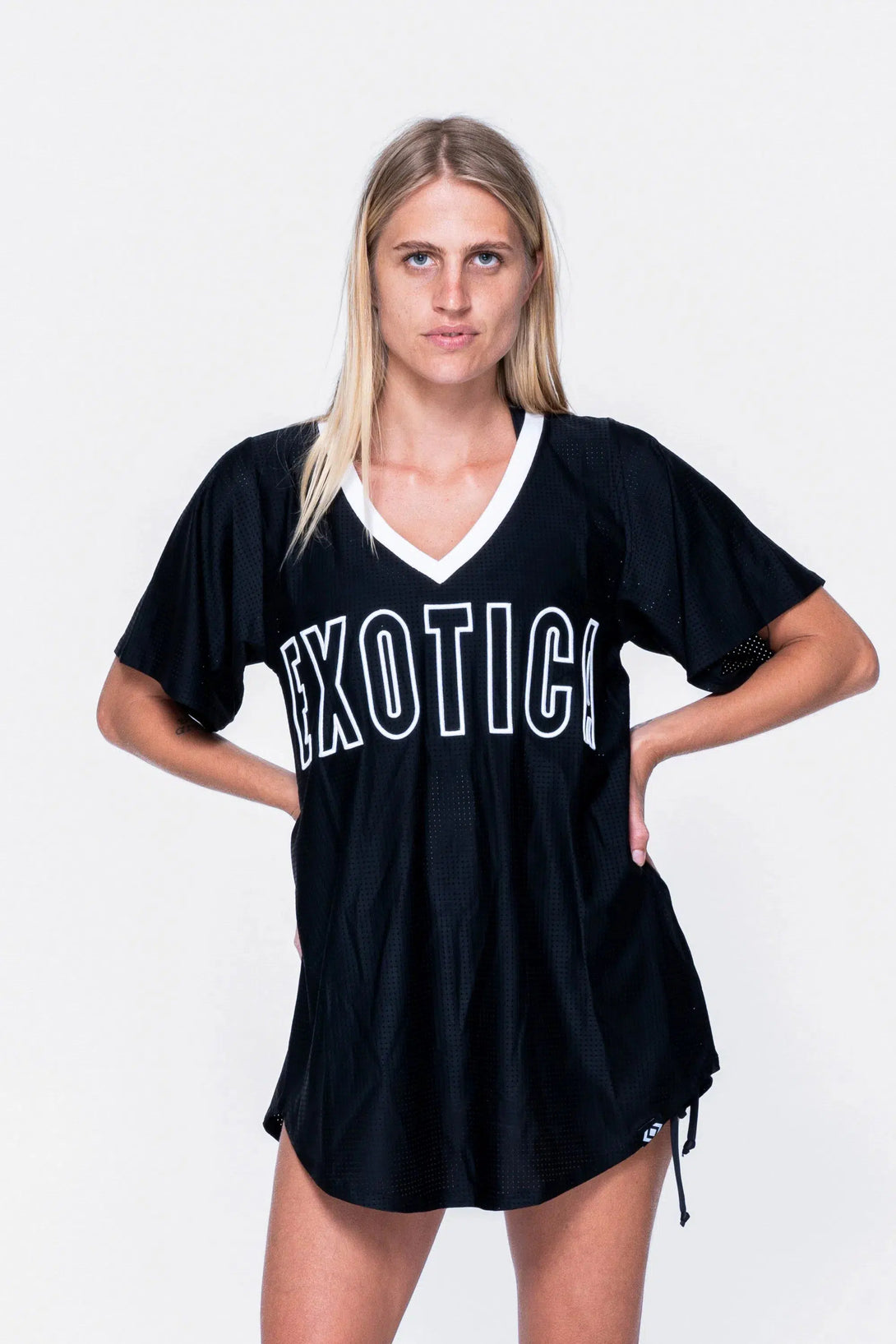 Bball Mesh V Neck Exotica White Embroidered Boyfriend Tee - Black-Activewear-Exoticathletica