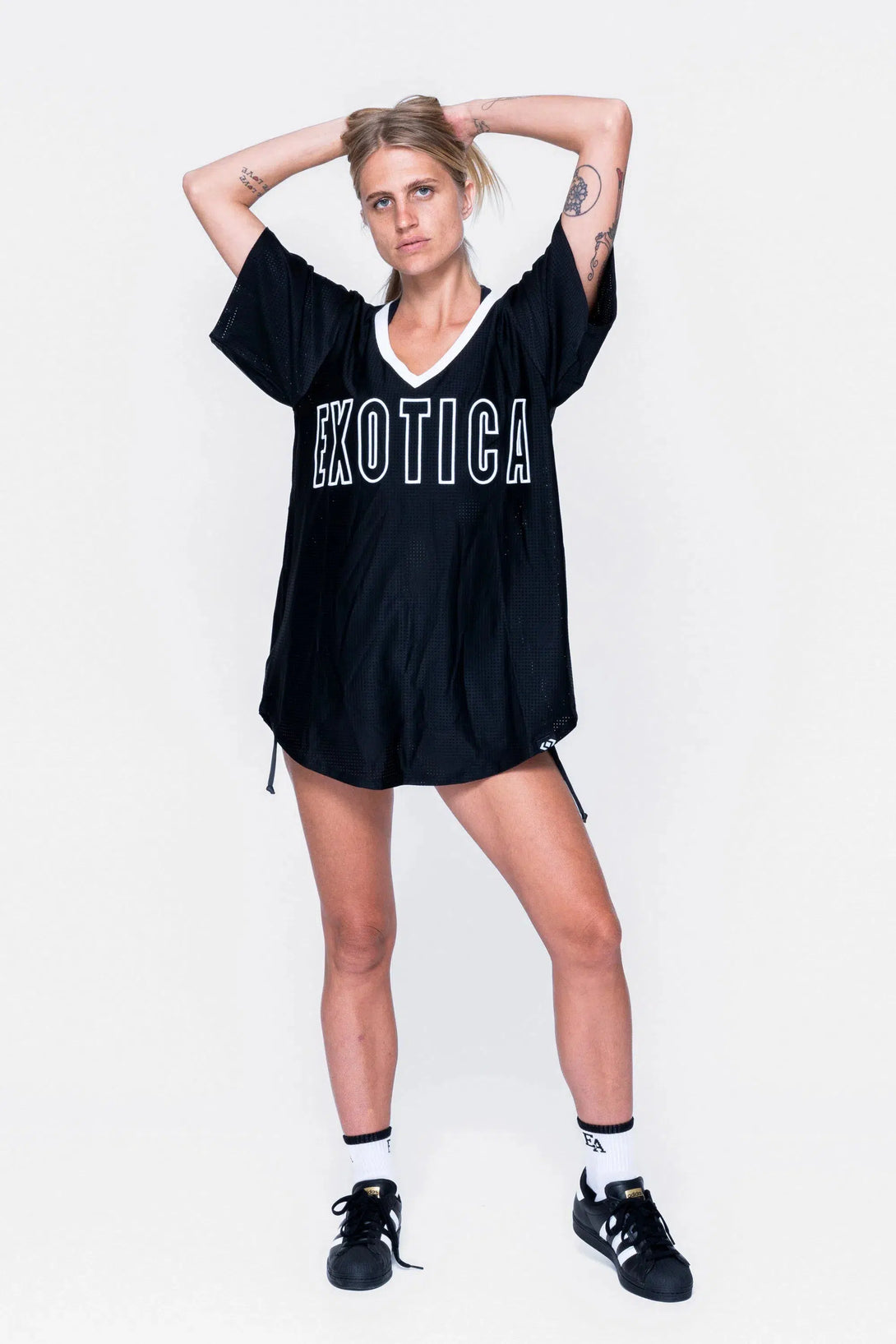 Bball Mesh V Neck Exotica White Embroidered Boyfriend Tee - Black-Activewear-Exoticathletica