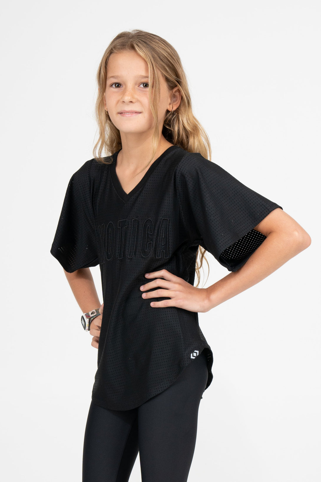 Black Bball Mesh - Kids V Neck Exotica Black Embroidered Boyfriend Tee-Activewear-Exoticathletica