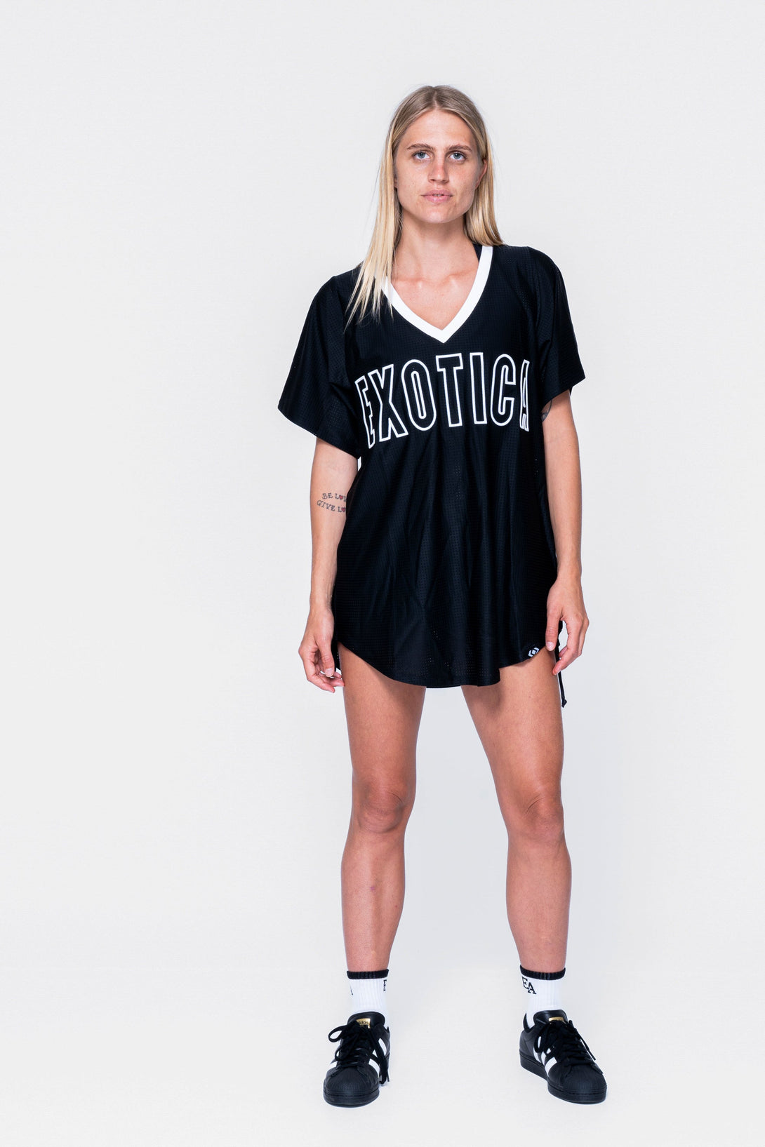 Black Bball Mesh - V Neck Exotica White Embroidered Boyfriend Tee-Activewear-Exoticathletica