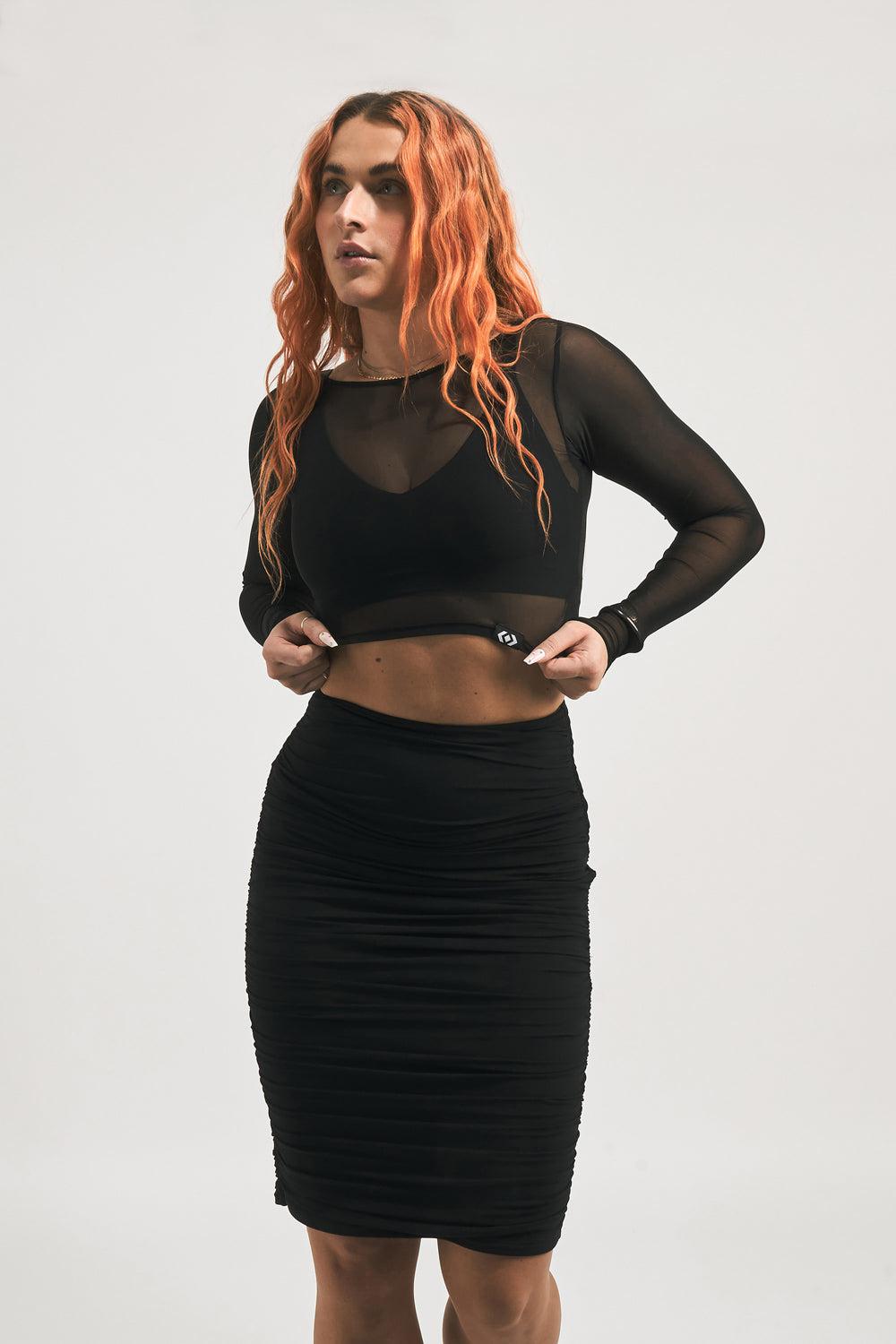 Black Body Contouring - Mesh Ruched Midi Skirt-Activewear-Exoticathletica