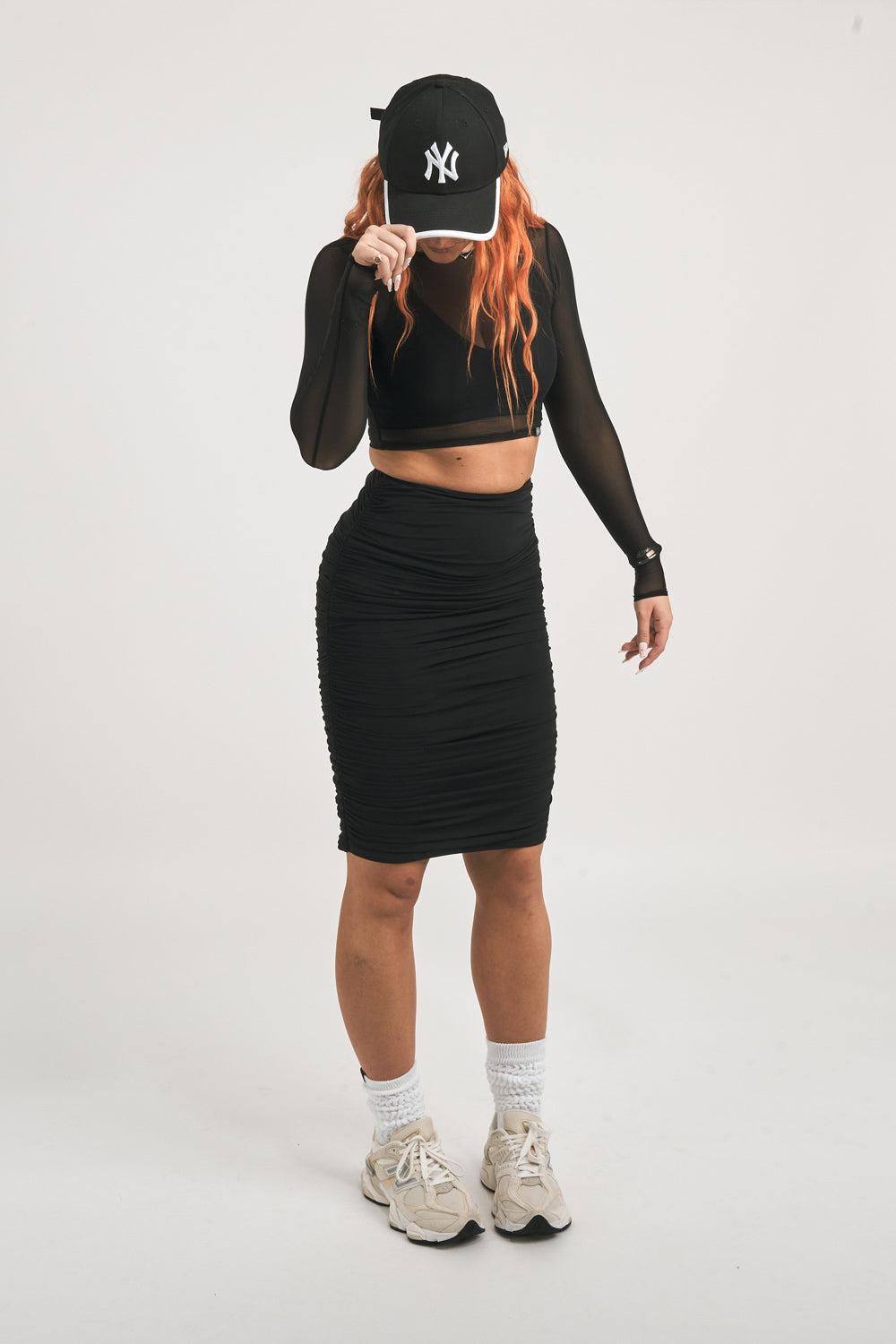 Black Body Contouring - Mesh Ruched Midi Skirt-Activewear-Exoticathletica