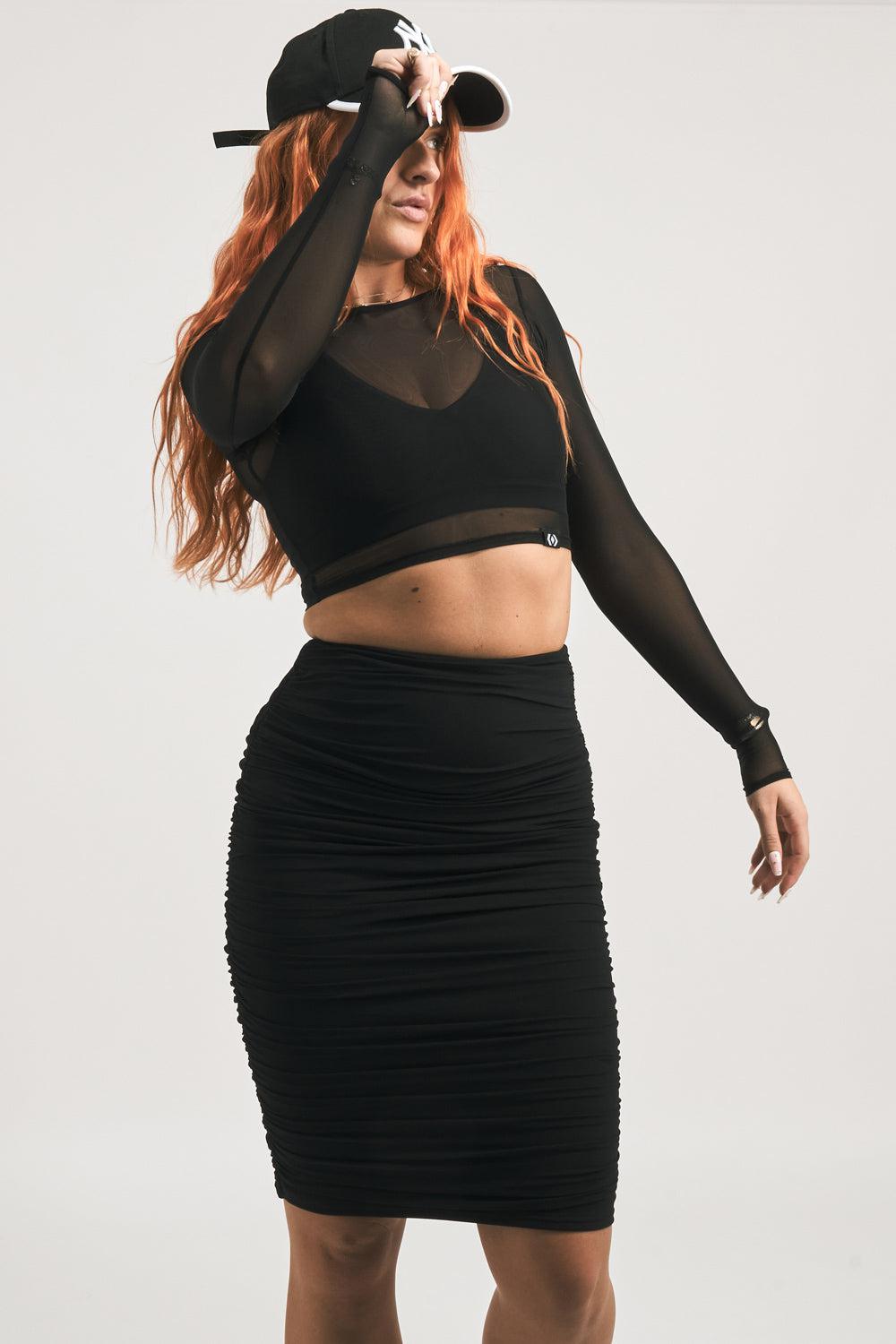 Black Body Contouring - Mesh Ruched Midi Skirt-Activewear-Exoticathletica