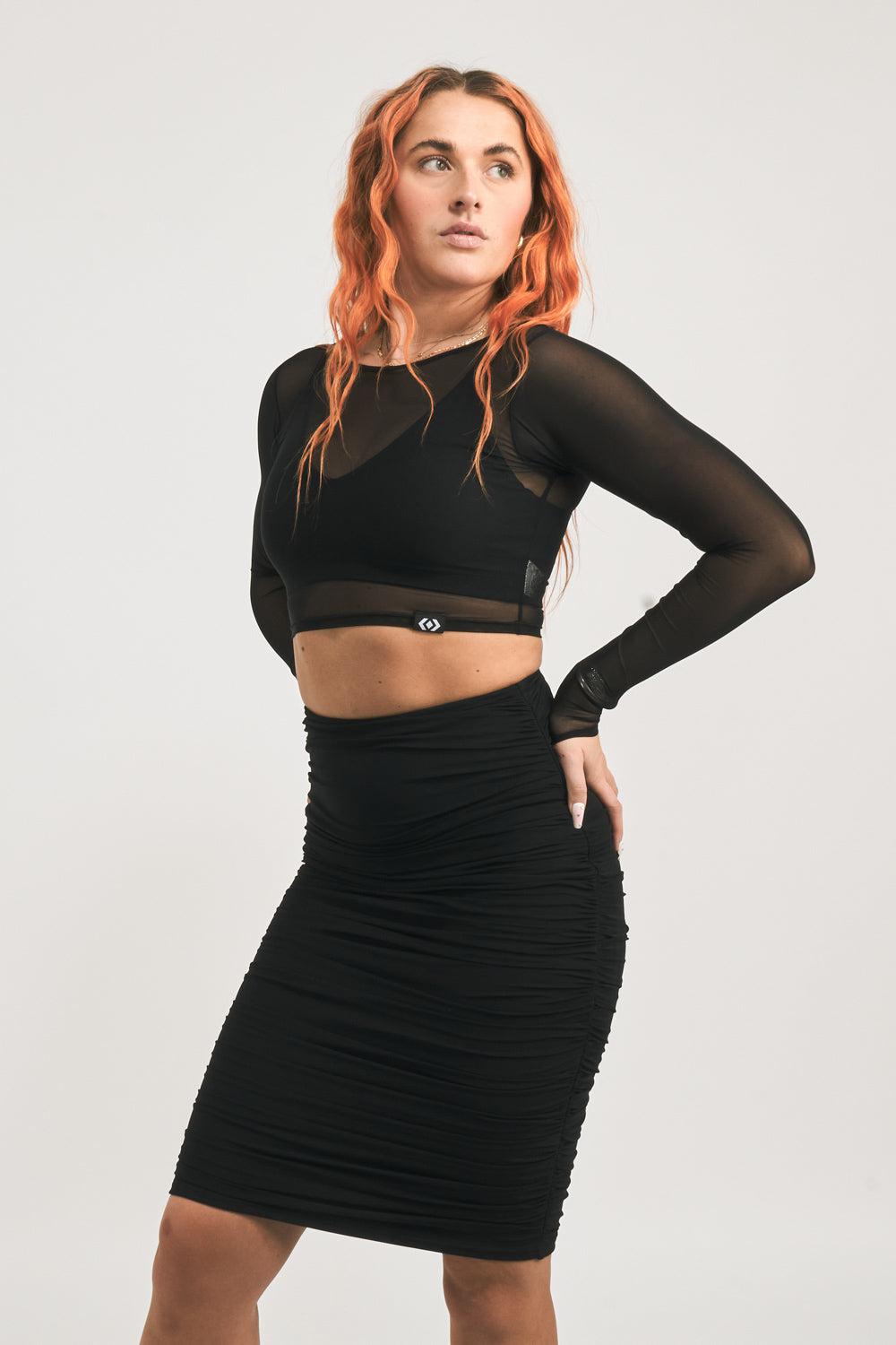 Black Body Contouring - Mesh Ruched Midi Skirt-Activewear-Exoticathletica