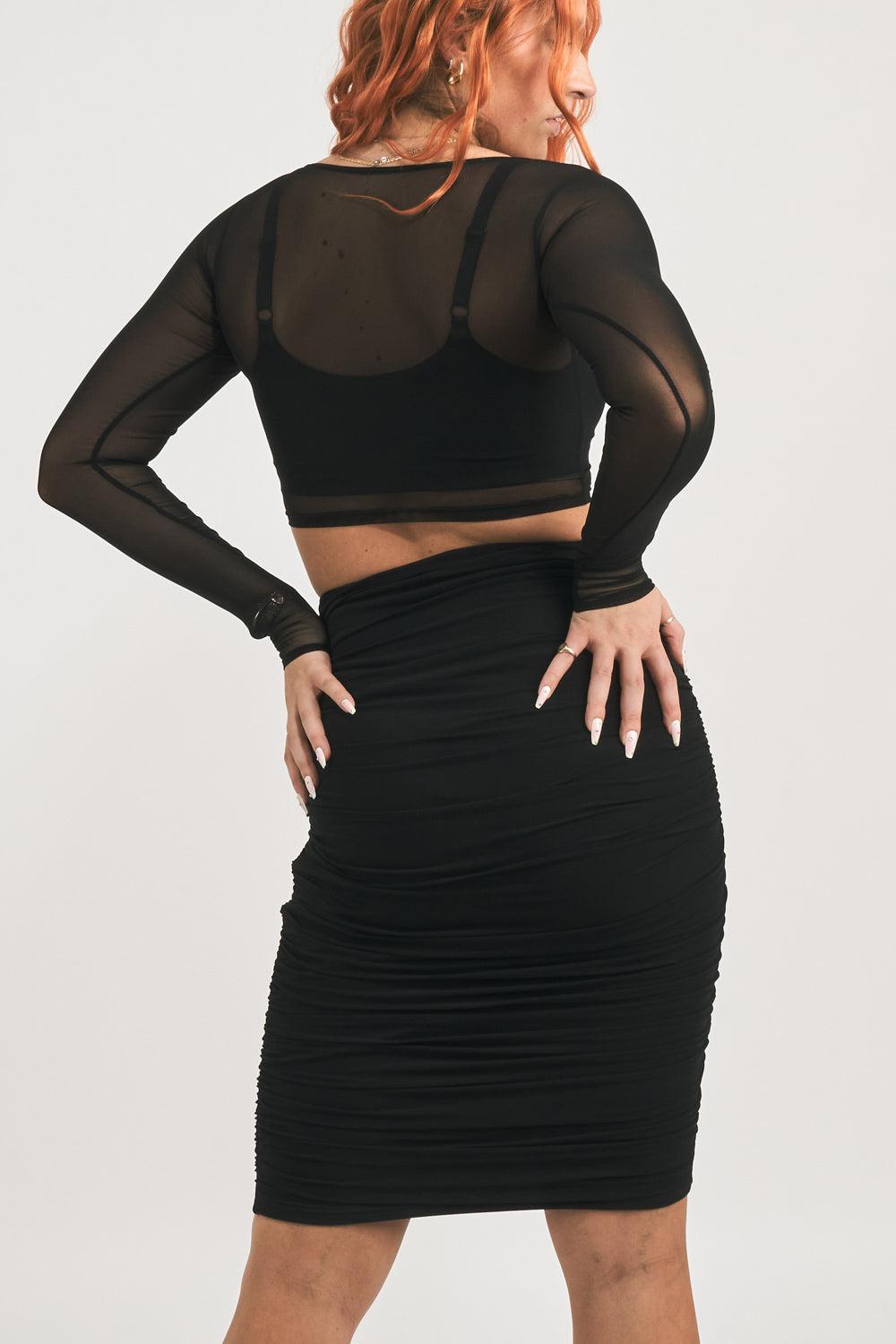 Black Body Contouring - Mesh Ruched Midi Skirt-Activewear-Exoticathletica