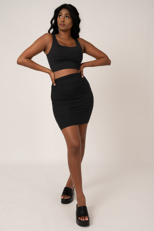 Black Body Contouring - Mesh Ruched Mini Skirt-Activewear-Exoticathletica
