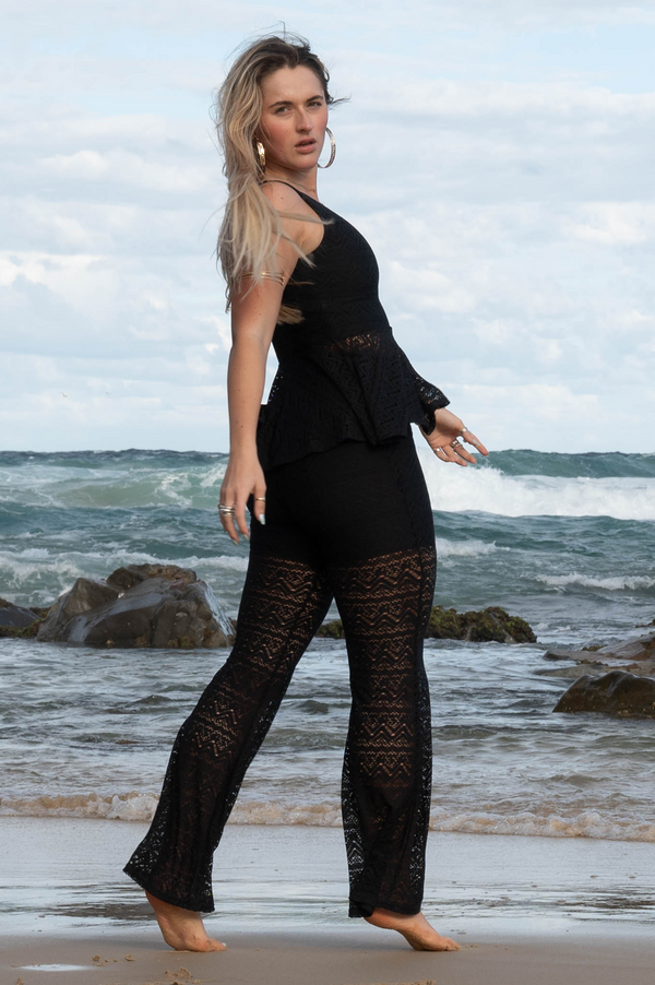 Black Bohemian Lace - High Waisted Bootleg Pant-Activewear-Exoticathletica