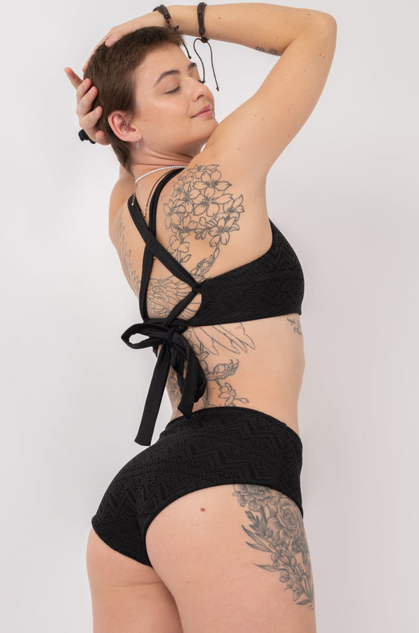 Black Bohemian Lace - High Waisted Extra Coverage Bikini Bottoms-Activewear-Exoticathletica