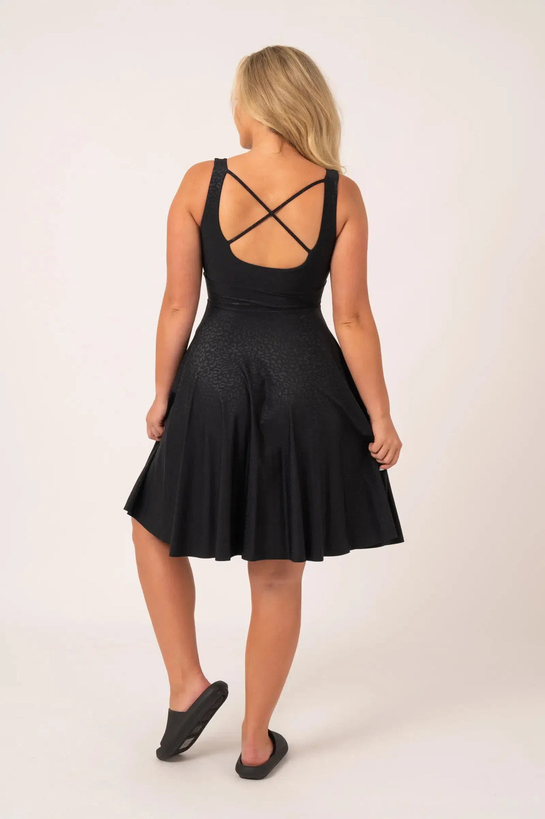 Black Exotic Touch Jag Silky - Scoop Neck Comfort Crop Midi Dress W/ Pockets-Activewear-Exoticathletica