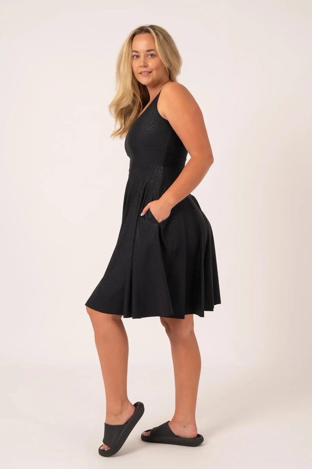 Black Exotic Touch Jag Silky - Scoop Neck Comfort Crop Midi Dress W/ Pockets-Activewear-Exoticathletica