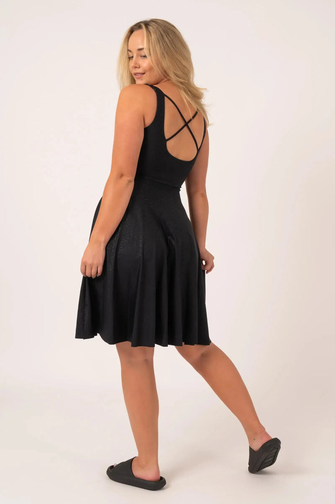 Black Exotic Touch Jag Silky - Scoop Neck Comfort Crop Midi Dress W/ Pockets-Activewear-Exoticathletica