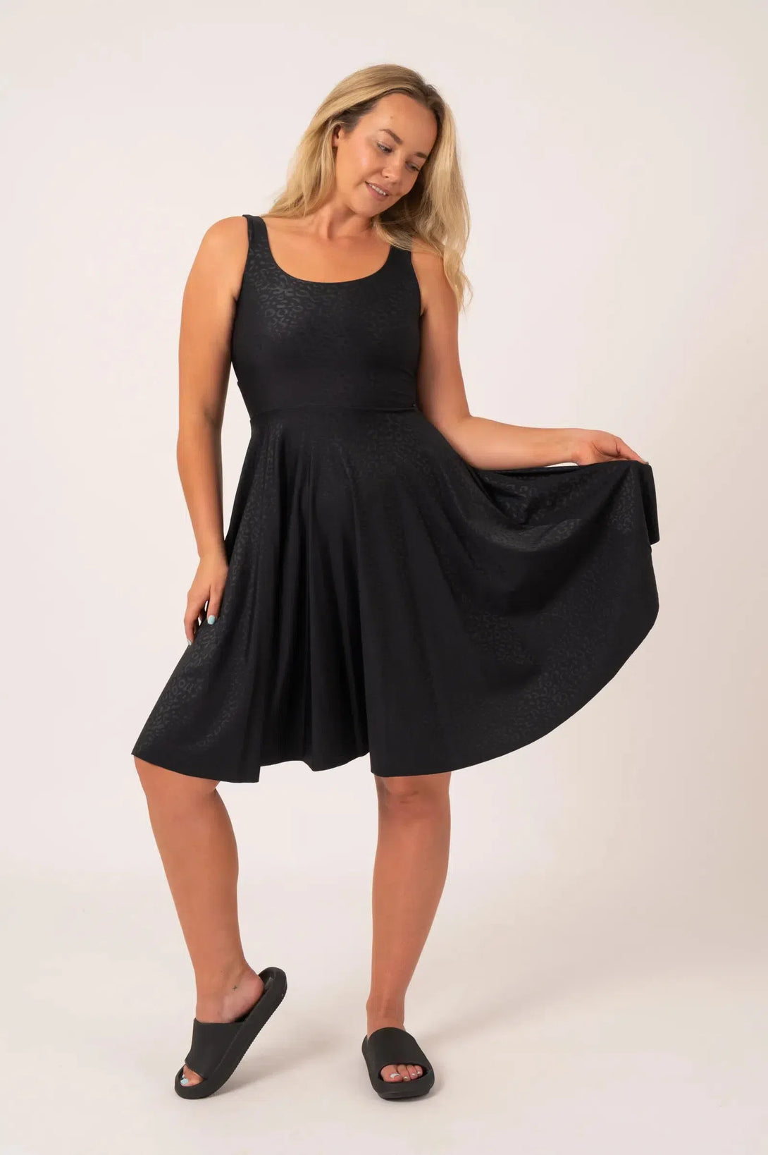 Black Exotic Touch Jag Silky - Scoop Neck Comfort Crop Midi Dress W/ Pockets-Activewear-Exoticathletica