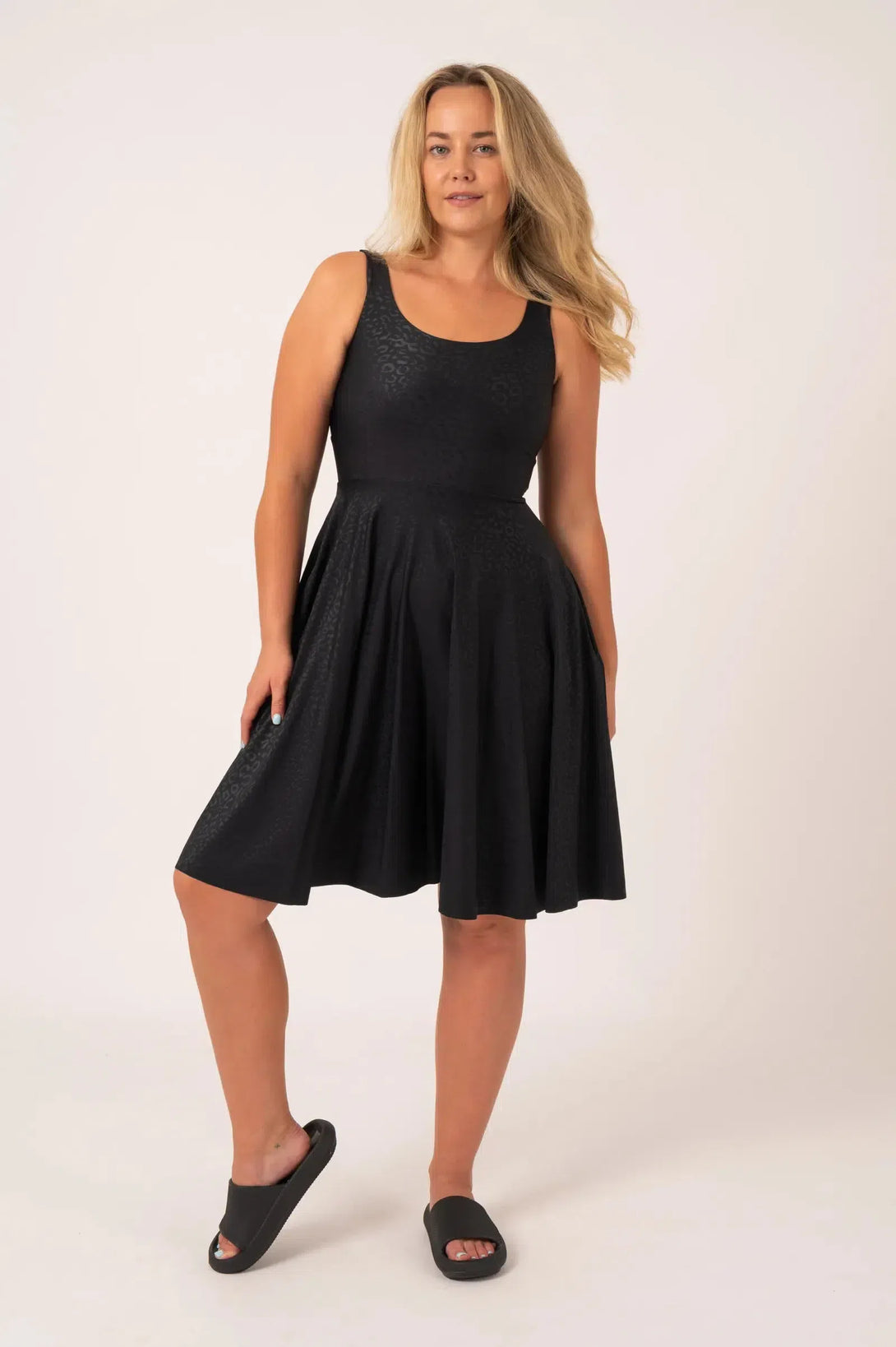 Black Exotic Touch Jag Silky - Scoop Neck Comfort Crop Midi Dress W/ Pockets-Activewear-Exoticathletica