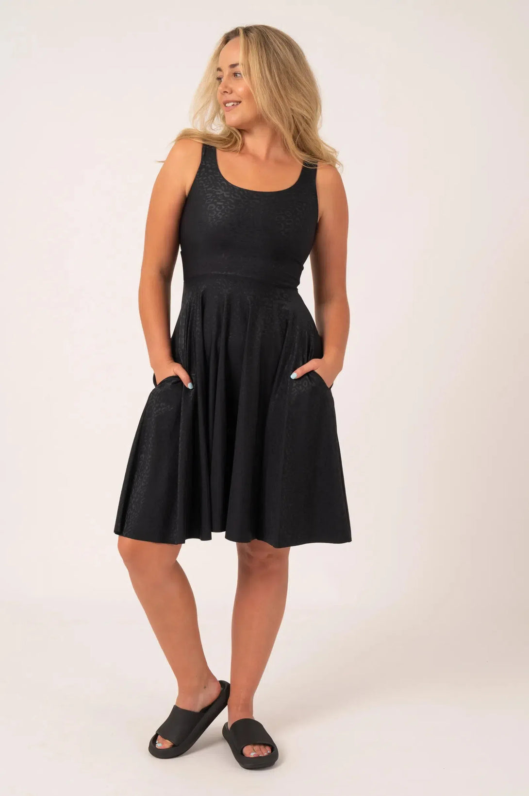 Black Exotic Touch Jag Silky - Scoop Neck Comfort Crop Midi Dress W/ Pockets-Activewear-Exoticathletica